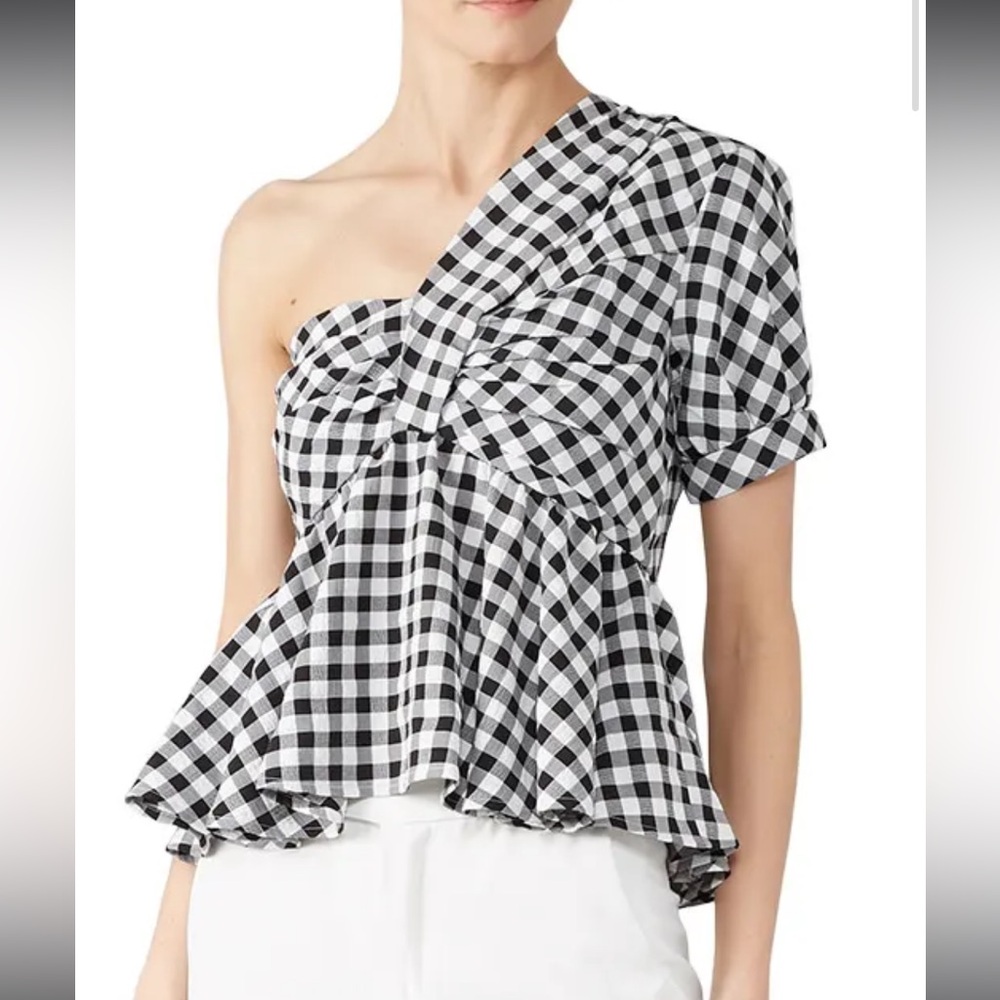 N12H One Shoulder Gingham Peplum Top Black White Check Ruffle Mila S 1209-8331